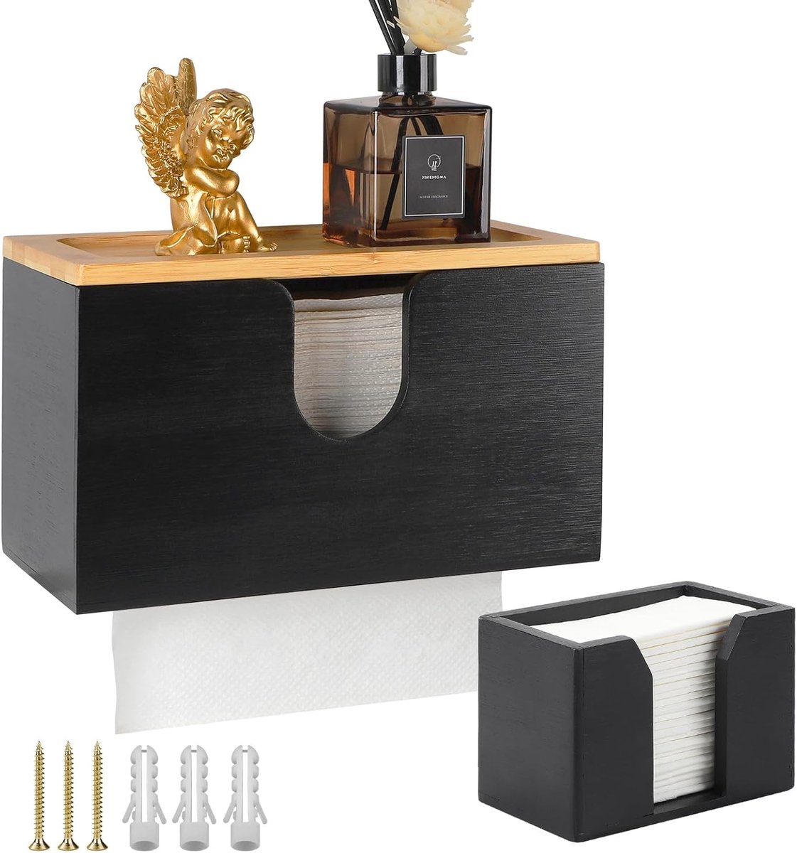 SnelShoppen - Bamboo Paper Towel Dispenser Set - Wanddispenser + Kleine Tissuebox - 27.5x16x13 cm + 12x6.8x8.5 cm - Duurzaam en Stijlvol - Zwart - Ges
