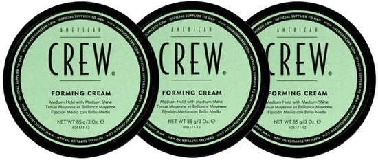 Drie potjes American Crew Forming Cream met medium hold en medium glans. Tekst op potjes: 'AMERICAN CREW FORMING CREAM'.