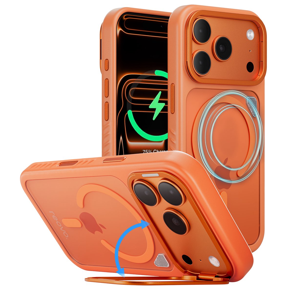 Reovo - Hoesje Geschikt voor iPhone 17 Pro - Camera standaard - Geschikt voor MagSafe - Oranje - anti-val technologie