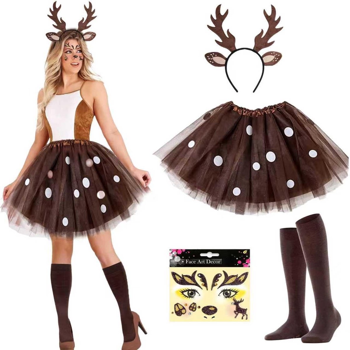 Dames Rendier Kostuum met Bruine Cape, Hoofdband en Oren voor Carnaval en Halloween Feestjes