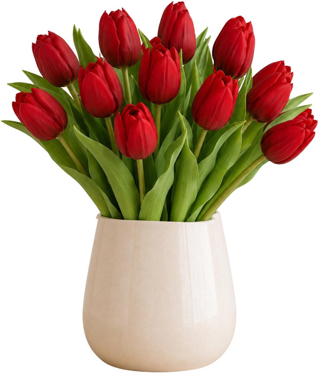 Bellatio Design Kunst tulpen boeket Vermeer - 14x stuks - rood - real touch - 31 cm