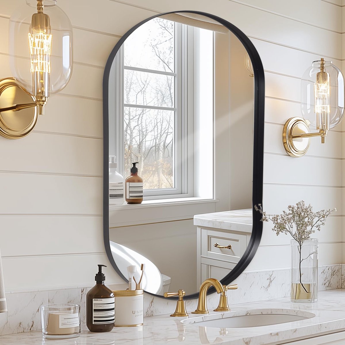 SnelShoppen - Ovale zwarte badkamerspiegel met metalen frame, 55 x 75 cm, wandspiegel voor slaapkamer, woonkamer, entree, horizontaal of verticaal geb