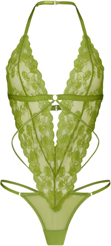 Groene kanten body met halternek, korsetdetails en bijpassende string.