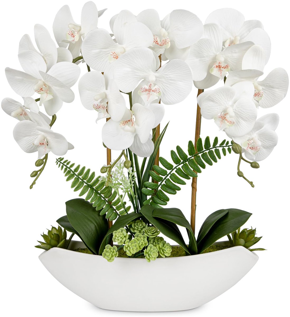 18 Inch Orchid Artificial Flowers - White Fake Orchid Silk Flowers - Ceramic Pot Large Faux Phalaenopsis Arrangement for Home Office Room Living Room Coffee Table Centerpiece Decoration
