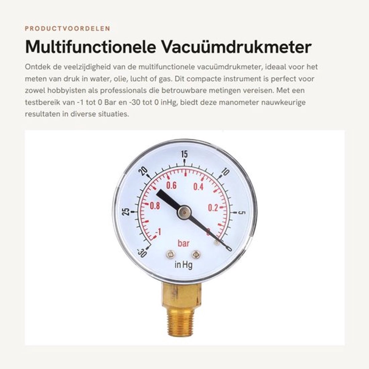 Vacuümdrukmeter - -1-0Bar Testbereik - 1/8 BSPT Onderzijde - Messing Aansluiting - Transparante Deksel - Nauwkeurige Meting - Drukmeter