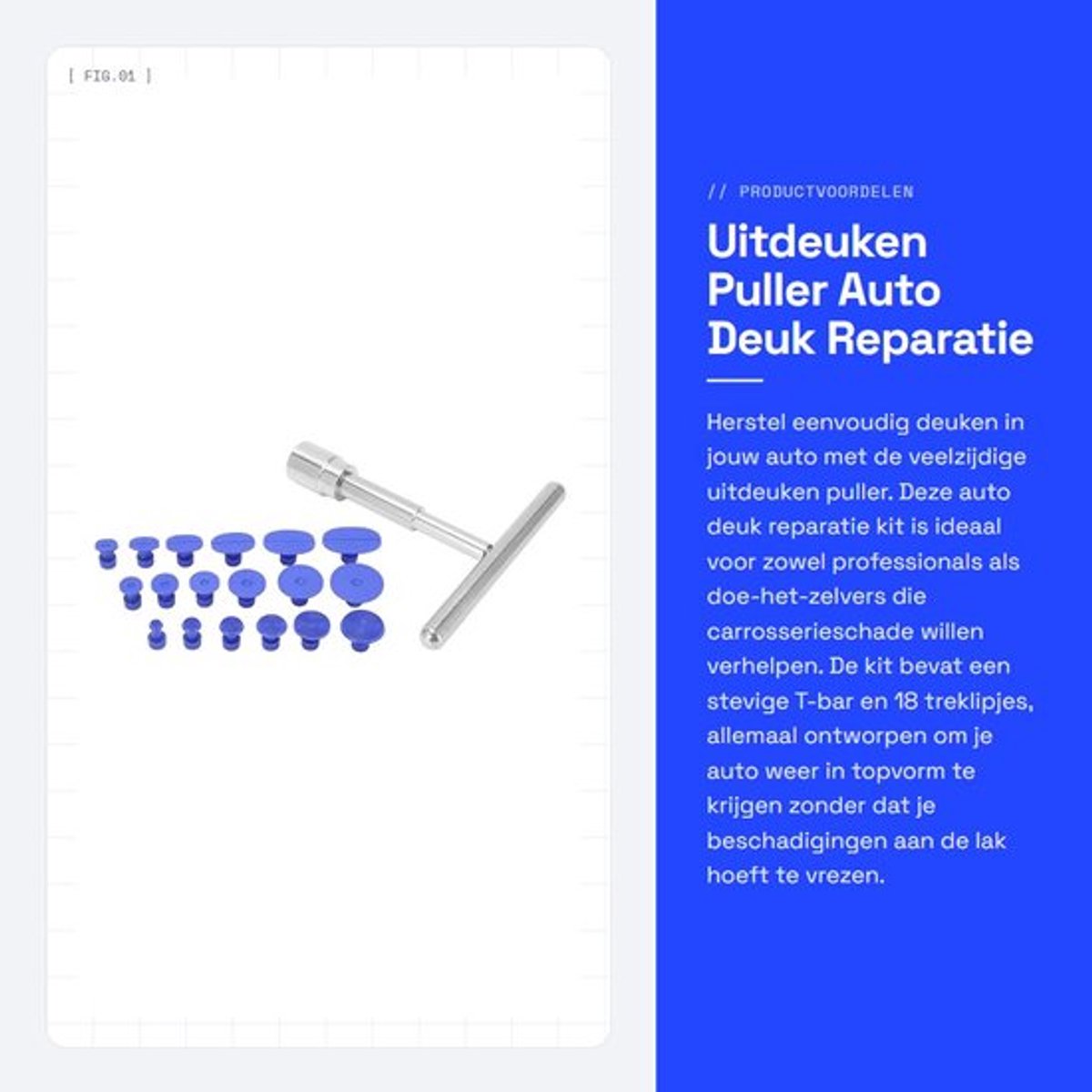 Uitdeuken Puller T-Bar - 18 Treklipjes - Auto Deuk Reparatie Kit - Handgereedschap - Lakveilig - Duurzaam Metaal + ABS - Deukreparatie