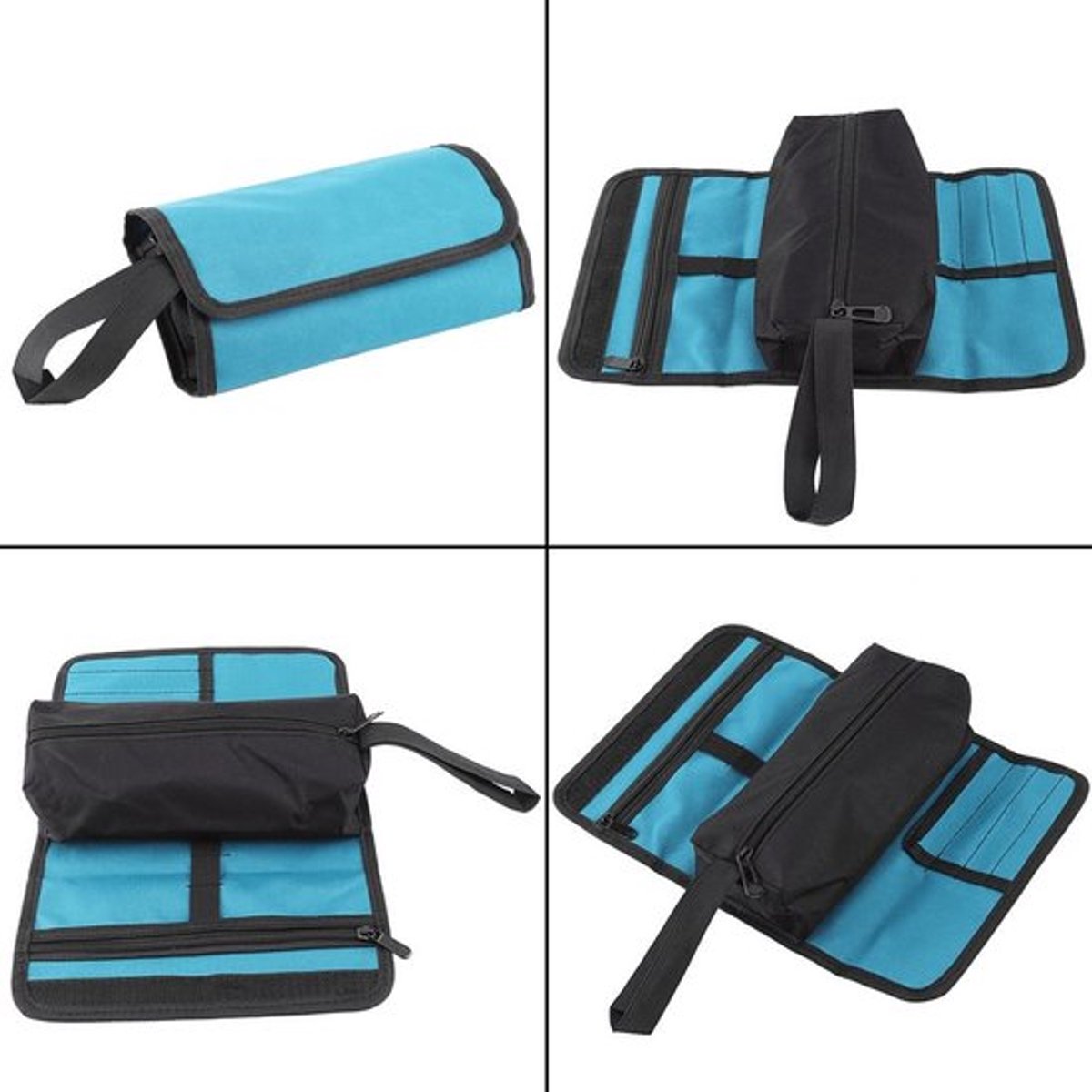 Gereedschapstas - Oprolbaar - Compact formaat - Zwart + Blauw - Organizer - Geschikt voor elektriciens - 2 compartimenten
