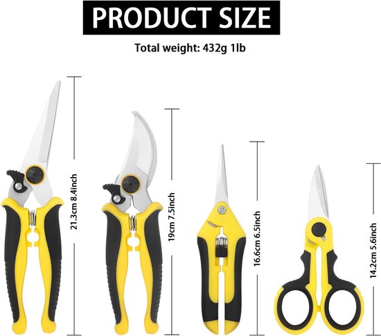SnelShoppen - Set van 4 Tuingereedschappen - Heavy Duty Snoeischaar, Takkenschaar, Plantenschaar & Rozenschaar van Roestvrij Staal voor Tuin, Bonsai e van Snelshoppen — afbeelding 2