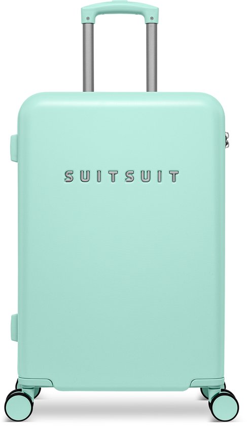 Lichtgroene SUITSUIT koffer met wielen, uitschuifbare handgreep en logo.