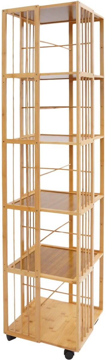 Happiq 360° Draaibare Boekenkast – Meerlaagse Roterende Boekentoren, Vrijstaande Boekenkast van 14,6 × 14,6 × 63,8 Inch – Houtkleur Wood