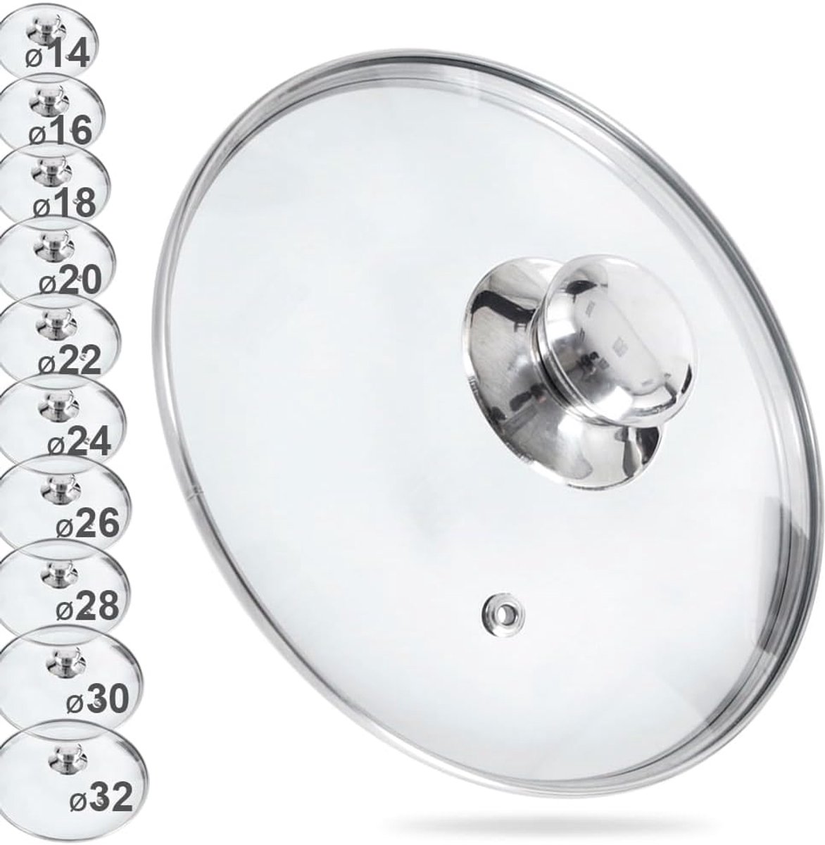 SnelShoppen - Universeel Glazen Deksel Ø 32 cm met RVS Rand voor Pannen, Koken, Keuken, Hittebestendig tot 200°C, Transparant, Geschikt voor Diverse M