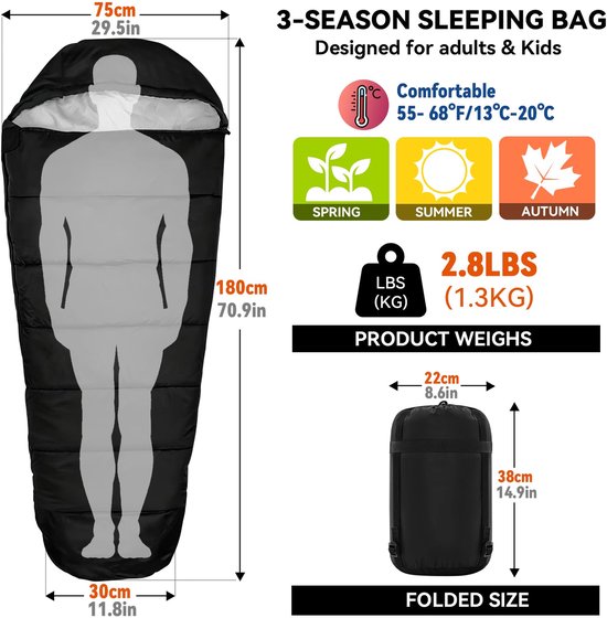 SnelShoppen - Schlafsack 4 Seizoenen, Ultraleichte Mumienslaapzak voor Volwassenen, Winter en Zomer, Waterdicht, Ideaal voor Camping, Reizen en Binnen van Snelshoppen — afbeelding 3