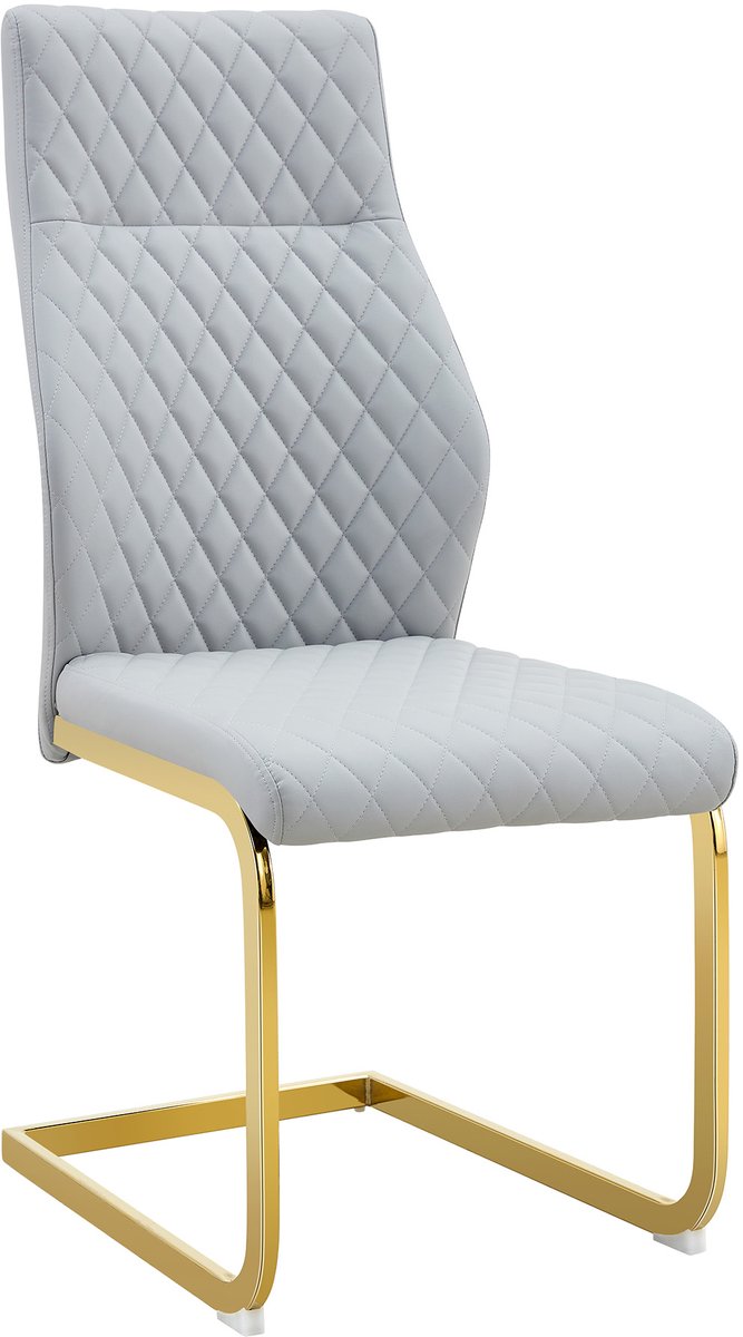 Eetkamerstoelen - Set Van 2 - Lichtgrijze Stoelen - Ruitpatroon - Hoge Rugleuning - Gouden Frame - Anti-Slip - Eetkamer - 2 Stuks - Lichtgrijs