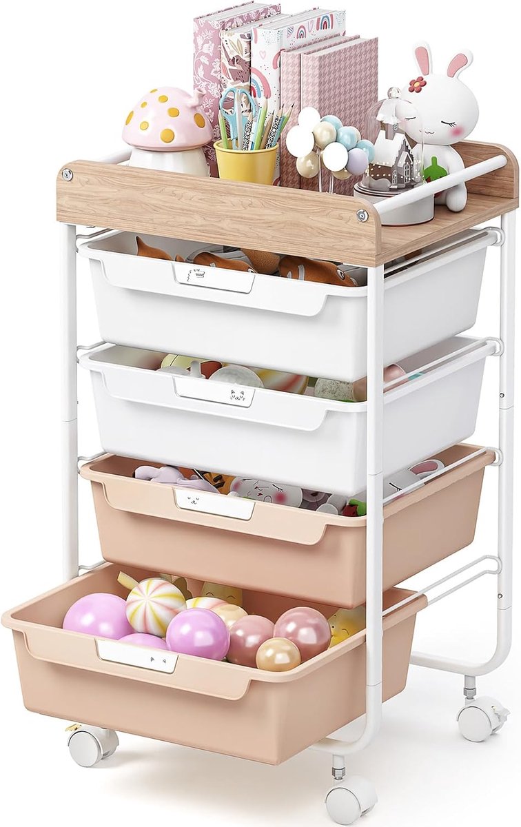SnelShoppen - Multifunctionele Trolley met 4 Laden en Wielen - Kunststof Opbergdoos met Houten Planken - Ideaal voor Badkamer, Keuken, Woonkamer en Ka