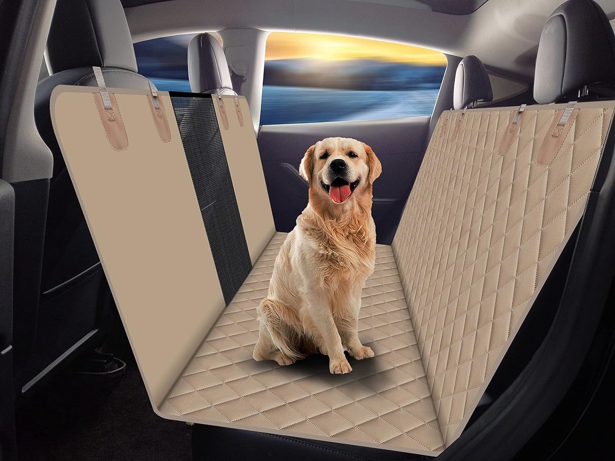 SnelShoppen - GXT autostoelhoes voor honden, achterbankbeschermer voor auto's, krasbestendig, antislip, waterdicht, met hondenriem, donker kaki, voor