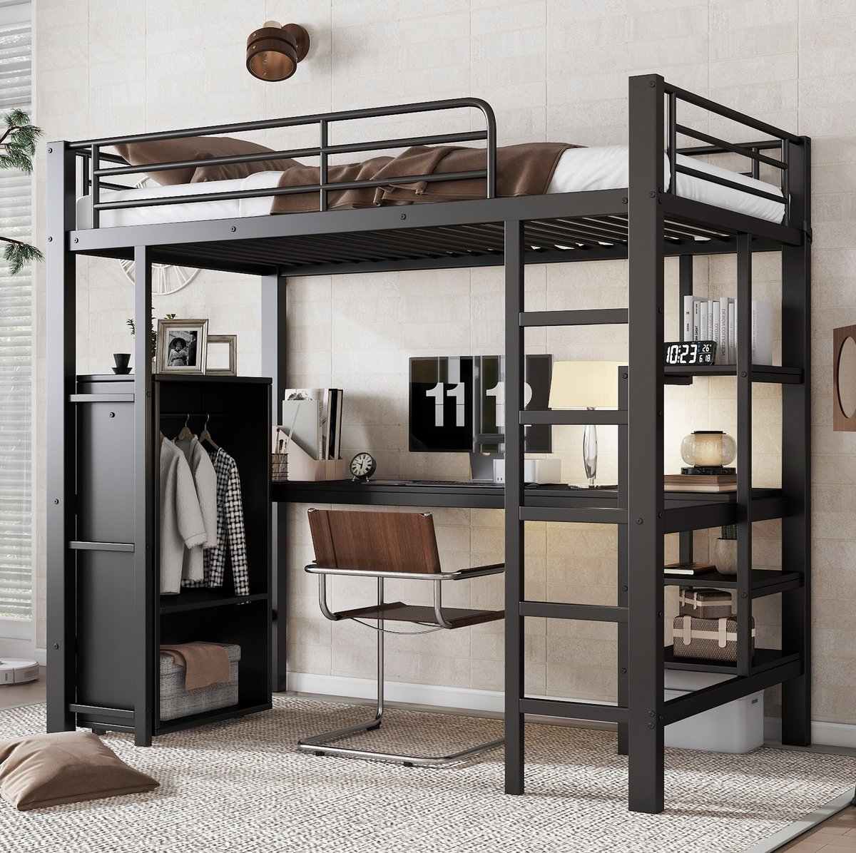 COVREO Bed 90x200 cm zwart met bureau en kledingkast zonder matras