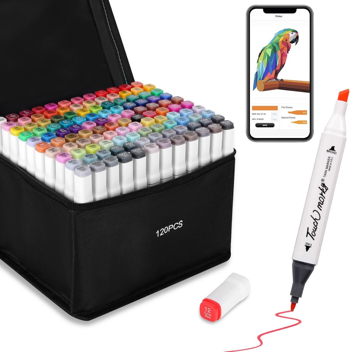 SnelShoppen - 120 Kleuren Alcohol Markers met App, Dubbele Punt Beitel & Fijne Punt, Professionele Stiften voor Schilderen, Tekenen en Illustraties vo