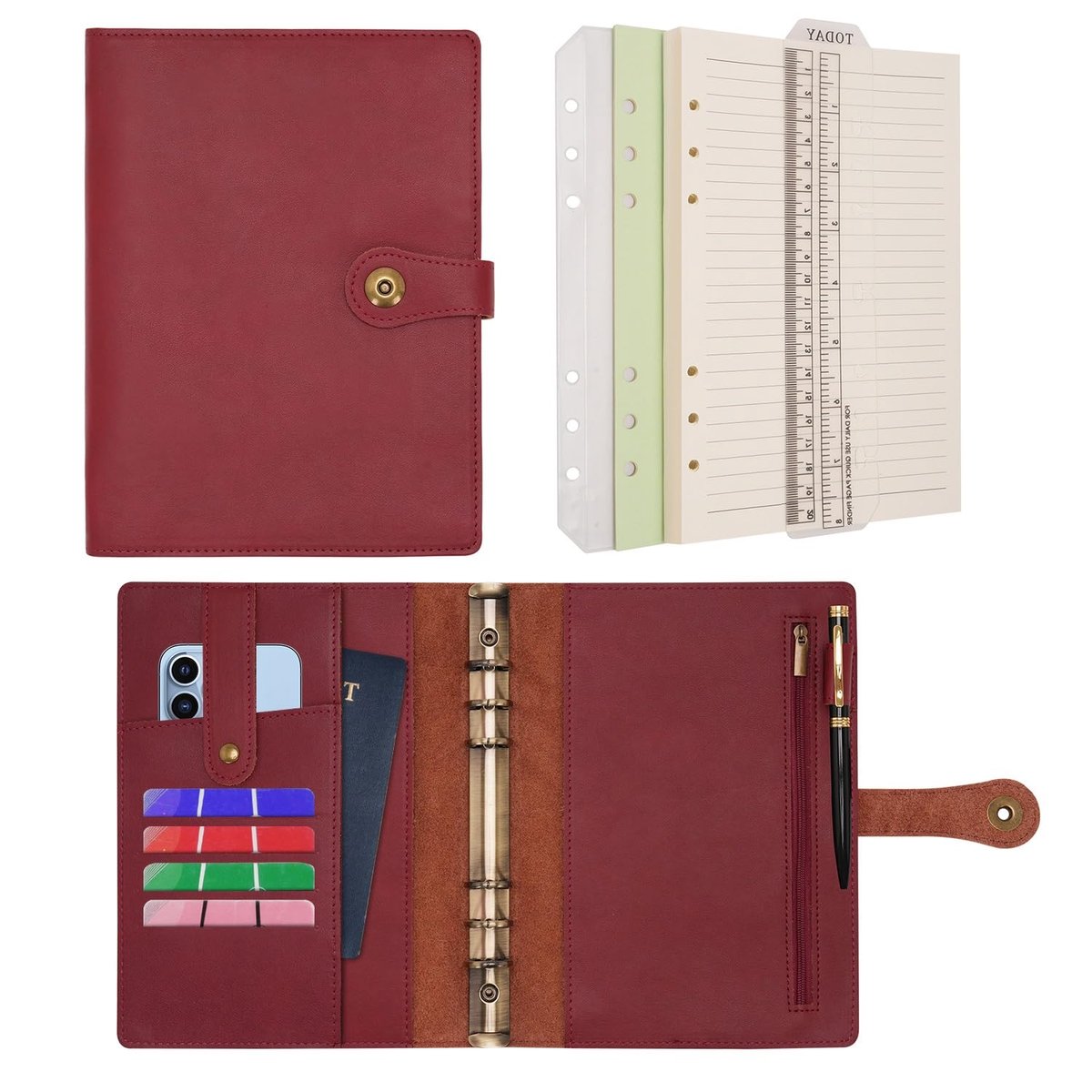 SnelShoppen - Wonderpool Ringband Reisdagboek Notitieboek A5 Gelinieerd Papier Hervulbaar Lederen Organizer met Pen voor Kantoor School Zakelijke Plan