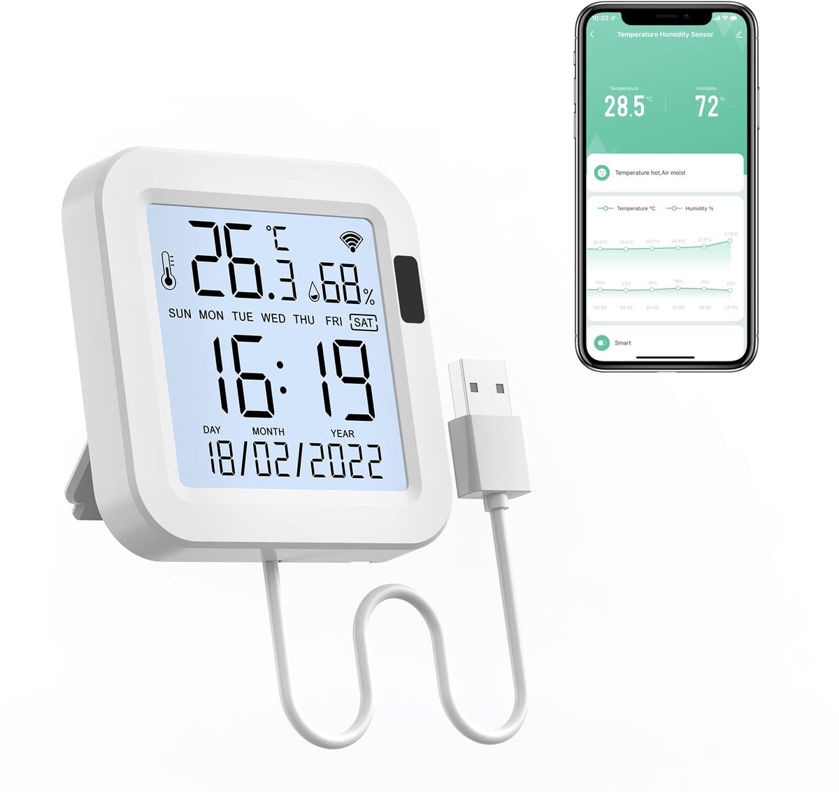 SnelShoppen - WiFi Indoor Thermometer Hygrometer - Tuya Vochtigheidssensor met Achtergrondverlichting - Datalogging Display voor Baby- en Kinderkamer