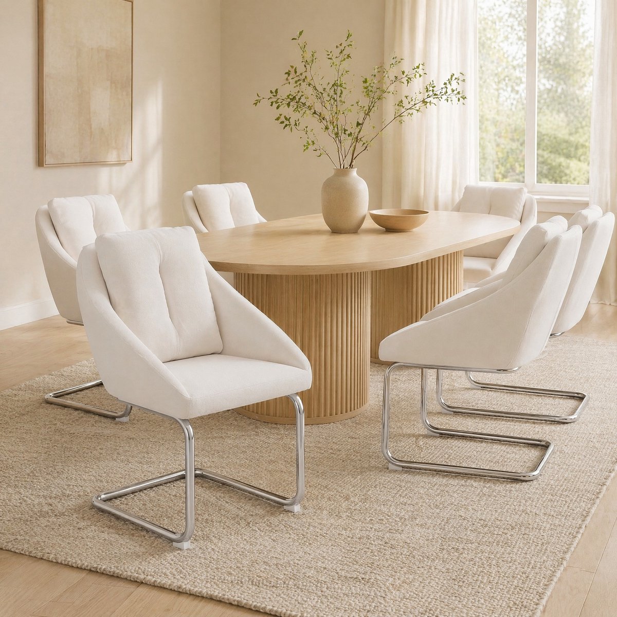 MEUNIQ 6-delige beige velvet eetkamerstoel set met armleuningen, gewatteerde zitting en metalen onderstel voor eetkamer of woonkamer