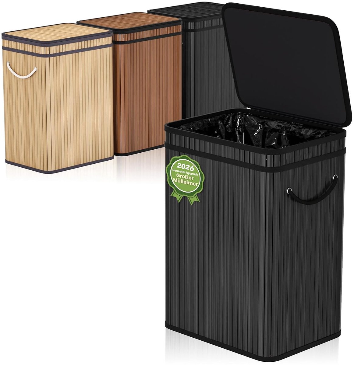 SnelShoppen - 80 Litre Bamboo Afvalbak met Deksel voor Buiten, Huishouden, Kantoor, Badkamer, Keuken - 40 x 30 x 60 cm (Zwart)
