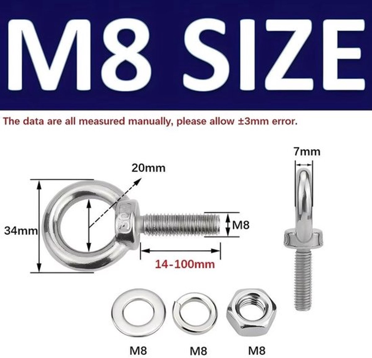 Ringschroef M8 x 70 mm - Oogbout/Schroef - Zeskantmoeren - Borgringen - Platte Sluitringen - Roestvrij Staal 304