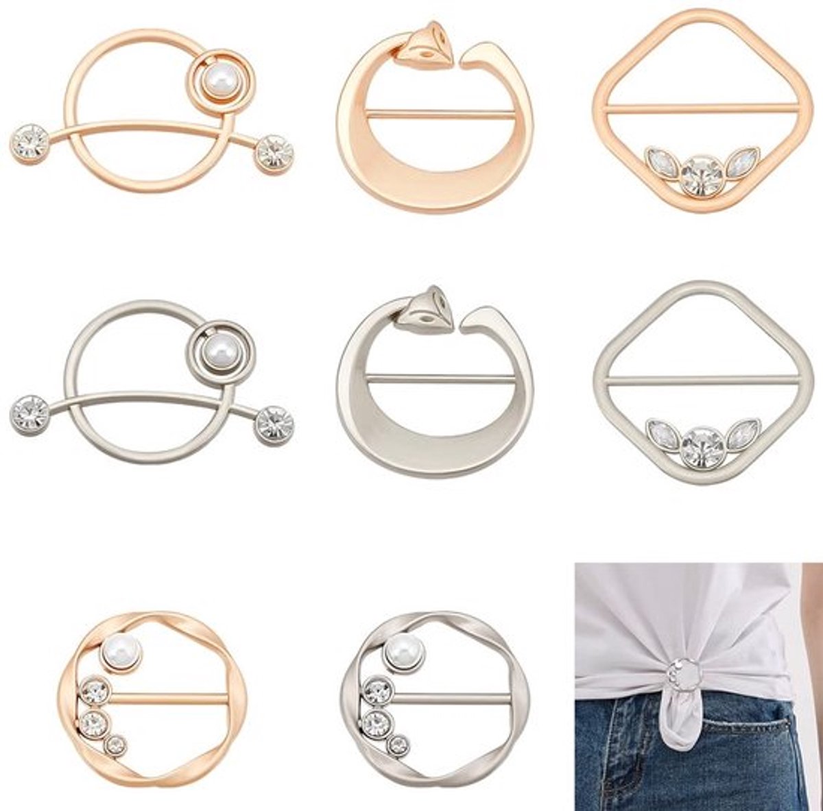 T-shirt-clips - Kledingklemmen - Elegante parels - Gemengde kleuren - Decoratieve clips - Voor sjaals en kleding - 8 stuks