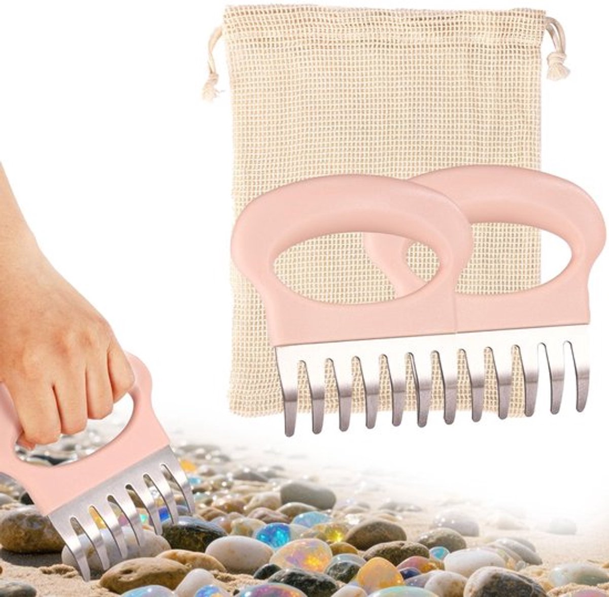 Zandvlooienhark 2 Stuks - Handhark met Netzak - Roze/Beeige - Schelpen Opruimen - Lichtgewicht - Compact 12x11,8 cm - Strandkam