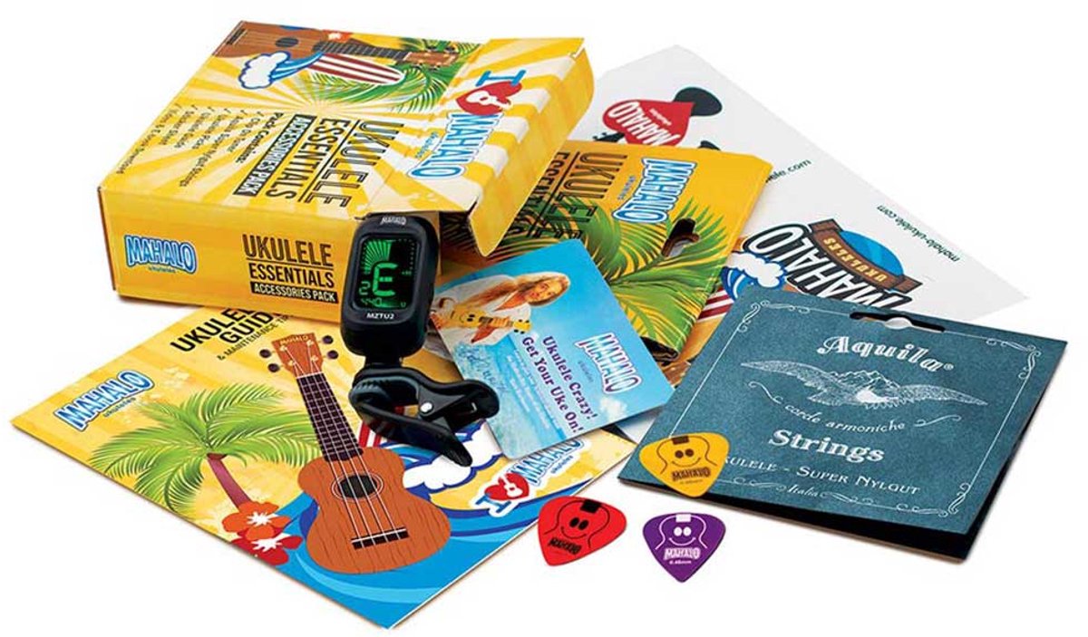 Sopraan ukelele accessoirepakket - Mahalo - Clip-on tuner - Aquila snaren - Plectra - Gids - E-boek
