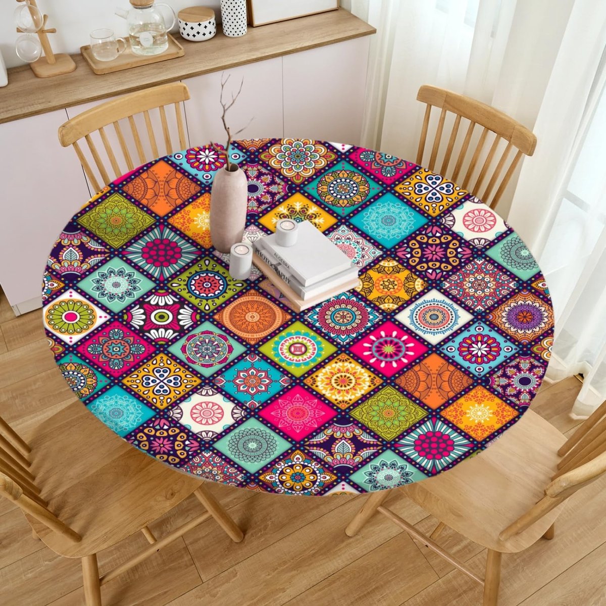 SnelShoppen - Boho tafelkleed rond 110 cm voor outdoor gebruik, wasbaar en elastisch, weerbestendig tuintafelkleed met elastiek voor balkon en tuin, s