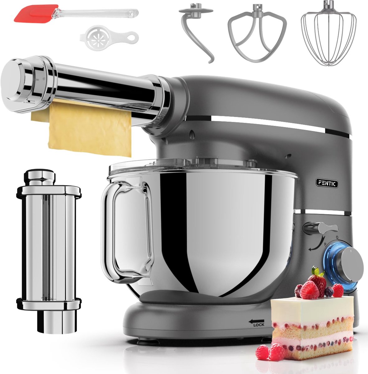 SnelShoppen - Keukenmachine met Pastamachine - 2000W Keukenrobot - Pasta Sheet Roller - 6,2L Mengkom - Antraciet - Ideaal voor Thuis, Feesten en Koken