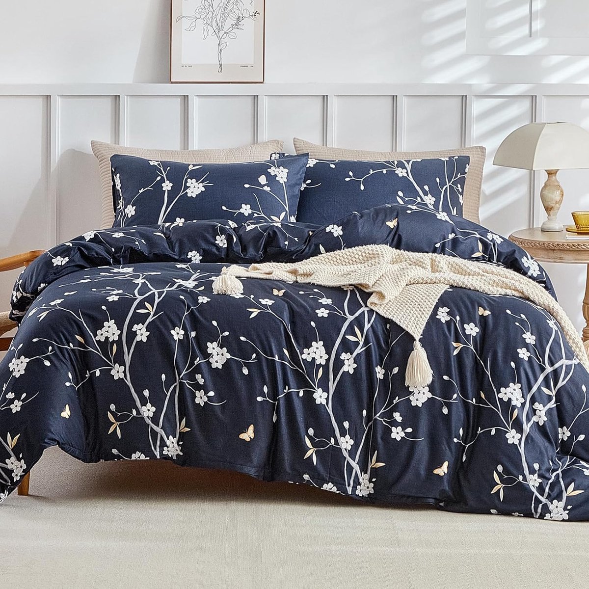 SnelShoppen - 3-delig Tweepersoons Dekbedovertrek Set 240x220cm - Microfiber Dekbedovertrek met Takken- en Bladpatroon in Blauw - Inclusief 2 Kussensl