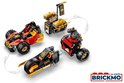 LEGO Ninjago voertuigen: een rode raceauto, een zwarte motor en een gouden quad.