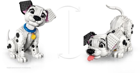 Chiot LEGO Disney 101 Dalmatiens en deux poses: assis avec un collier bleu et joueur, léchant avec la langue sortie. Les modèles ne peuvent pas être construits simultanément.