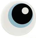 Wit oog met blauwe iris, zwarte pupil en witte pupilweerkaatsing.
