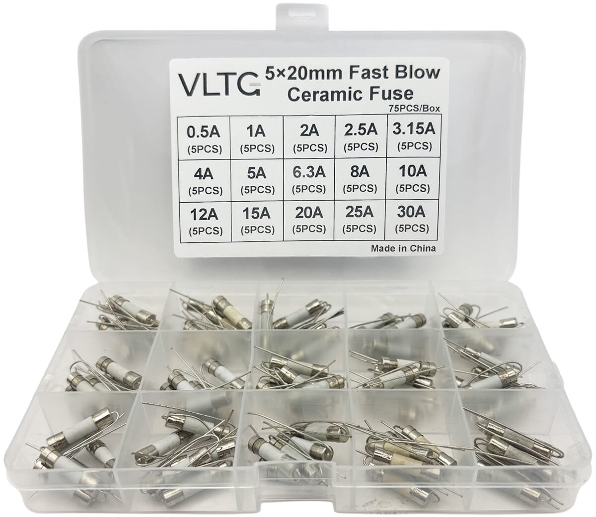 VLTG Keramische Zekering met Soldeerdraad 5x20mm - Snel (F) - 0.5A t/m 30A - Zekeringset 75 stuks