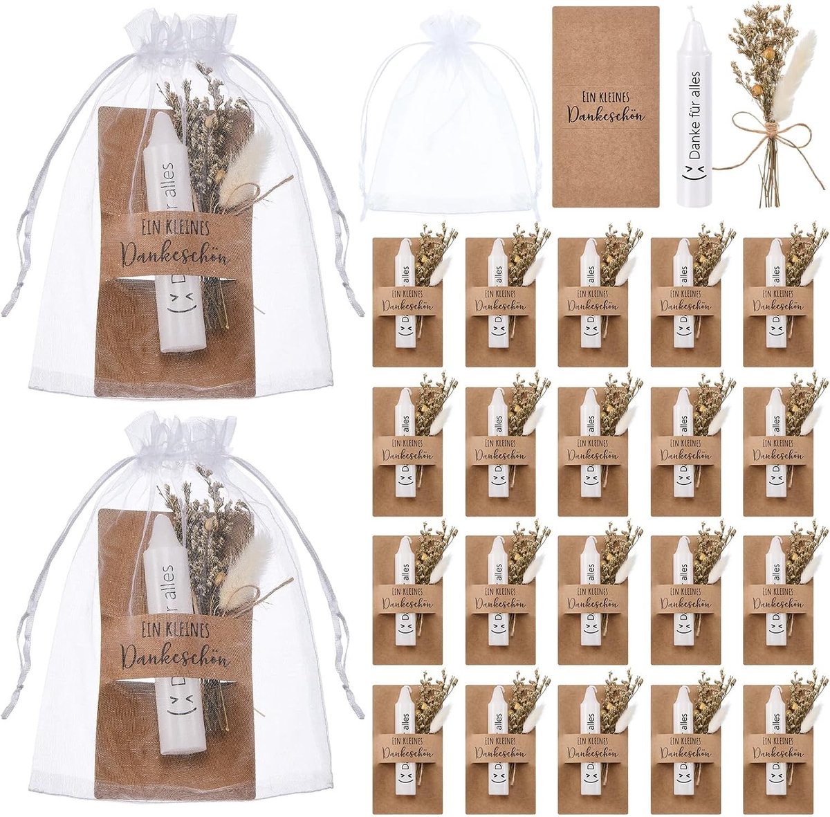 20 Sets Cadeau Bedankjes met Kaarsen en Gedroogde Bloemen in Organzazakje voor Collega's, Leraren en Vrienden bij Afscheid of Afstuderen