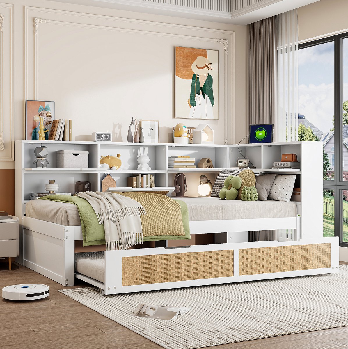 COVREO Bedbank 90x200 cm wit met uitschuifbed en USB zonder matras