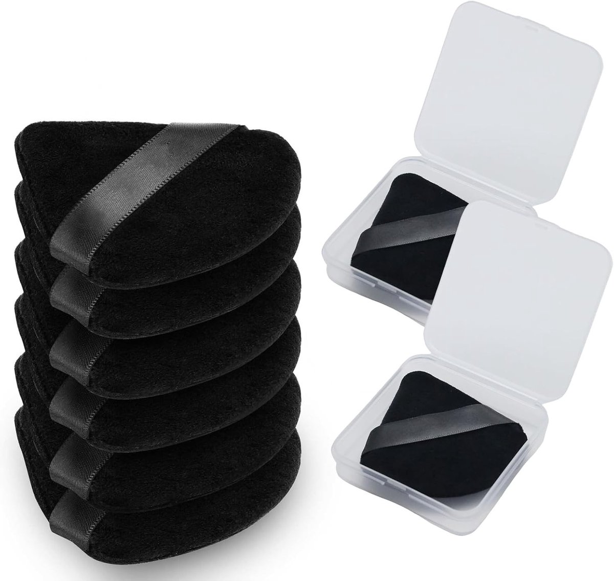 Set van 6 Driehoekige Poederkwasten met 2 Reis Etuis, Ideaal voor Fixeerpoeder, Foundation en Losse Poeder, Zachte Velours Make-up Puff in Zwart