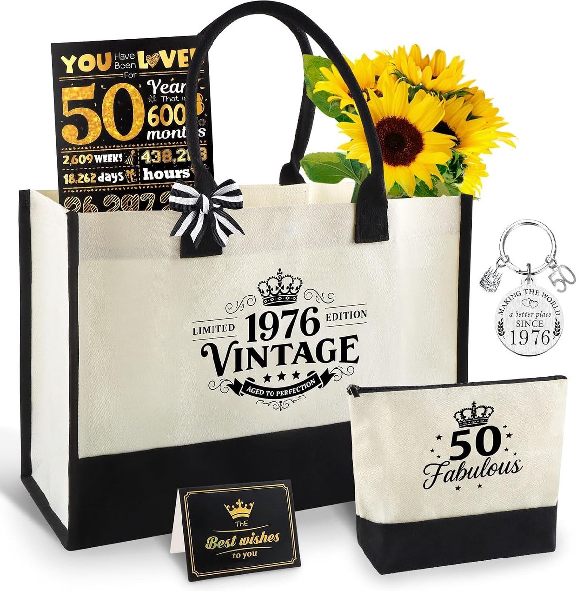 Vintage Canvas Shopping Bag, Waterdichte Pennenzak, Sleutelhanger en Wenskaart voor 50-jarige Vrouwen - Duurzaam en Herbruikbaar Cadeau voor Moeder, Vriendin of Echtgenote