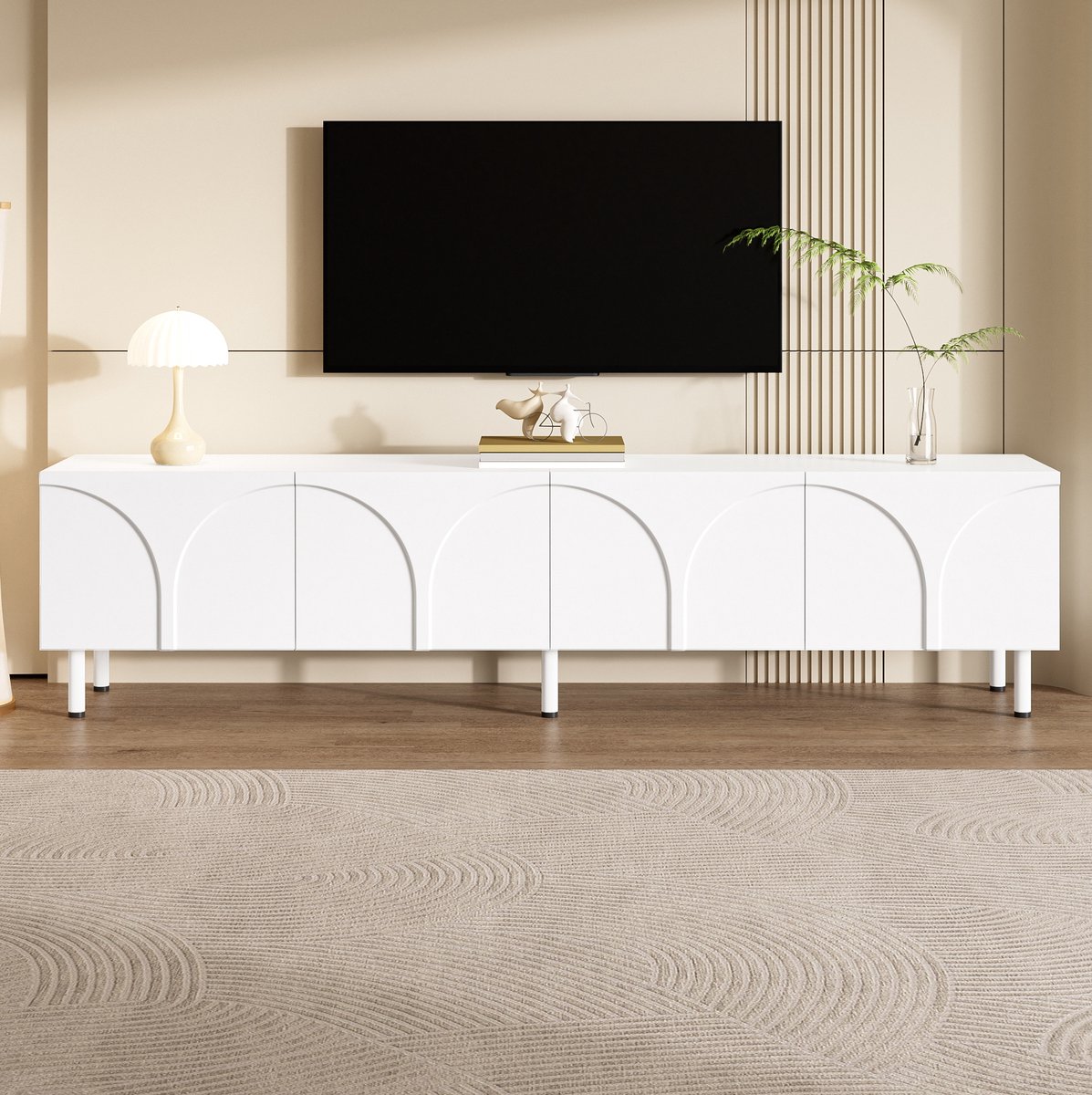 REDOM - Dressoir - Vier deuren - Twee aparte opbergruimtes - Metalen poten - Moderne stijl - Woonkamer - MDF en spaanplaat - Wit - 180 x 35 x 49 cm