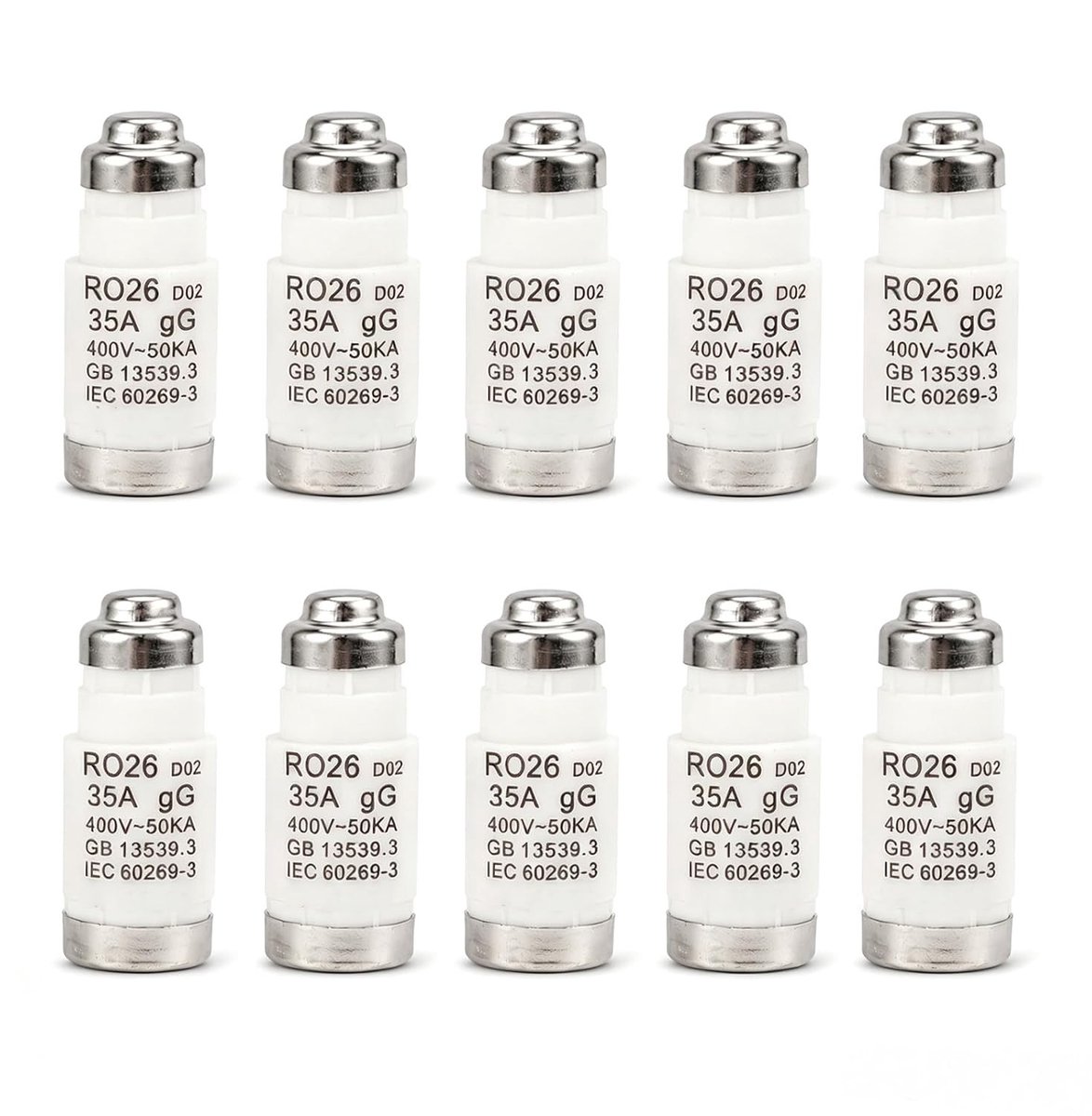 Vertraagde keramische zekeringsinzet D02 gL/gG 400 VAC voor schakelbeveiliging, 35A, 10 stuks voor elektrische installaties en beveiliging