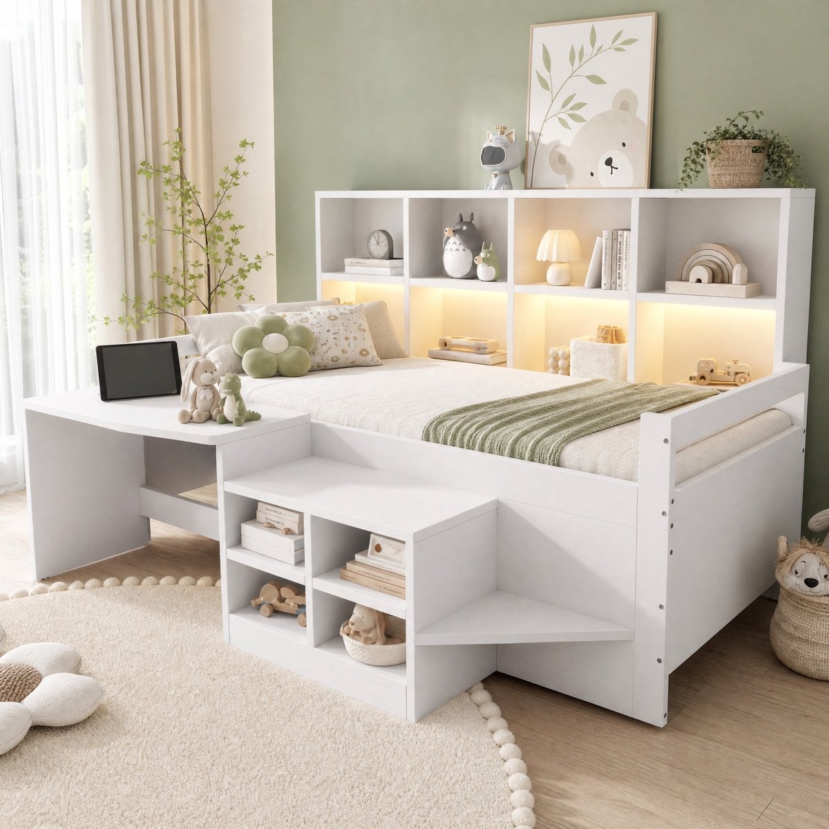 Wishdor Kinderbed 90x200 cm - met bureau en opbergruimte - met ledverlichting - eenpersoons - hout en MDF - wit - 204 x 146 x 100 cm