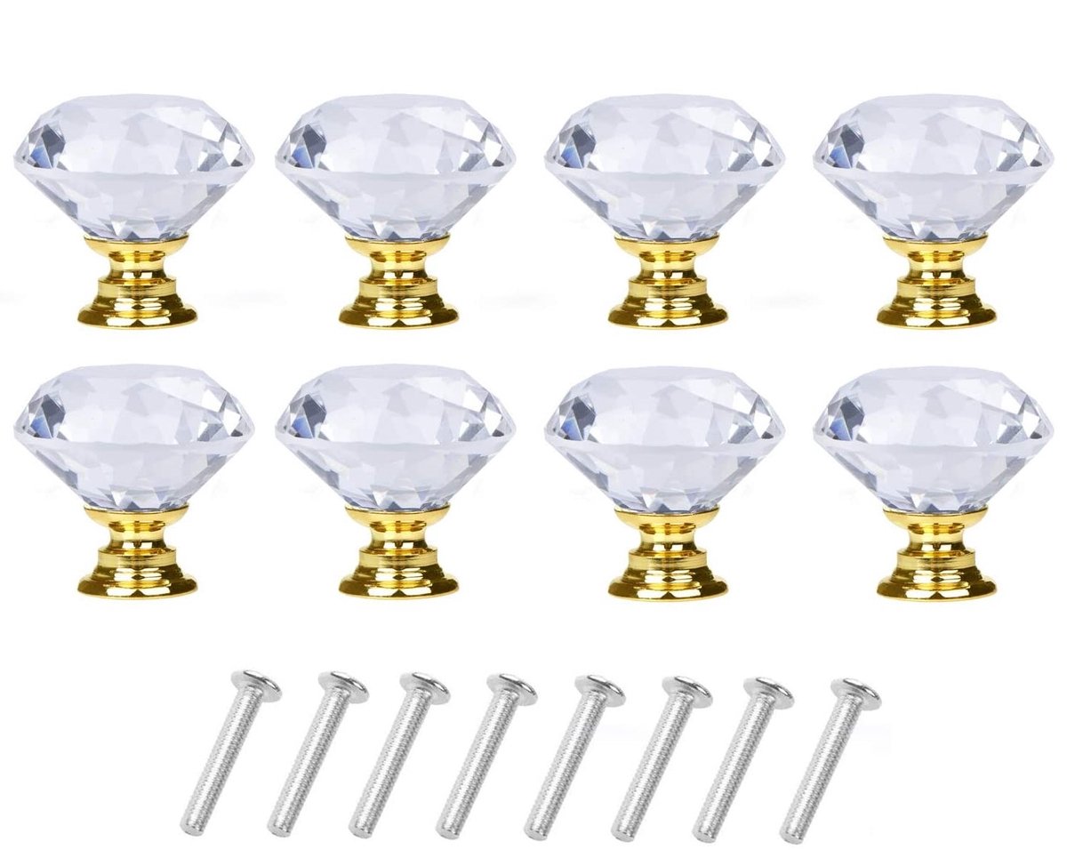 Ruitvormige glazen knoppen transparant/goud 8 stuks