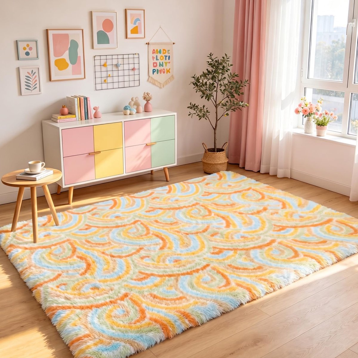 Enyhom Fluffy Carpet Living Room High-Pile Rug Bedroom Washable in Washing Machine Rainbow Pattern Children's Room - ShopVlot