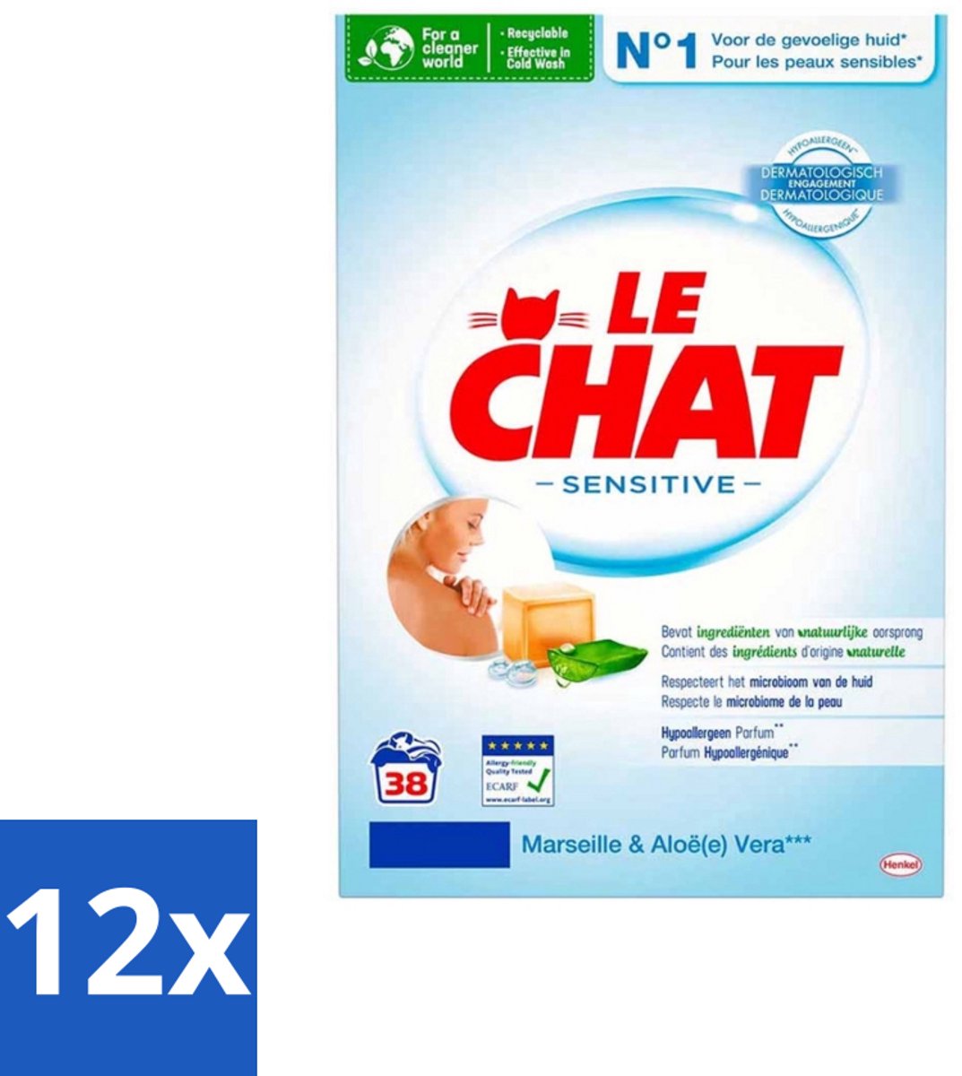 Le Chat – Waspoeder – Sensitive Marseille & Aloe Vera – 38 wasbeurten – 2,28 kg - Voordeelverpakking - 12 stuks