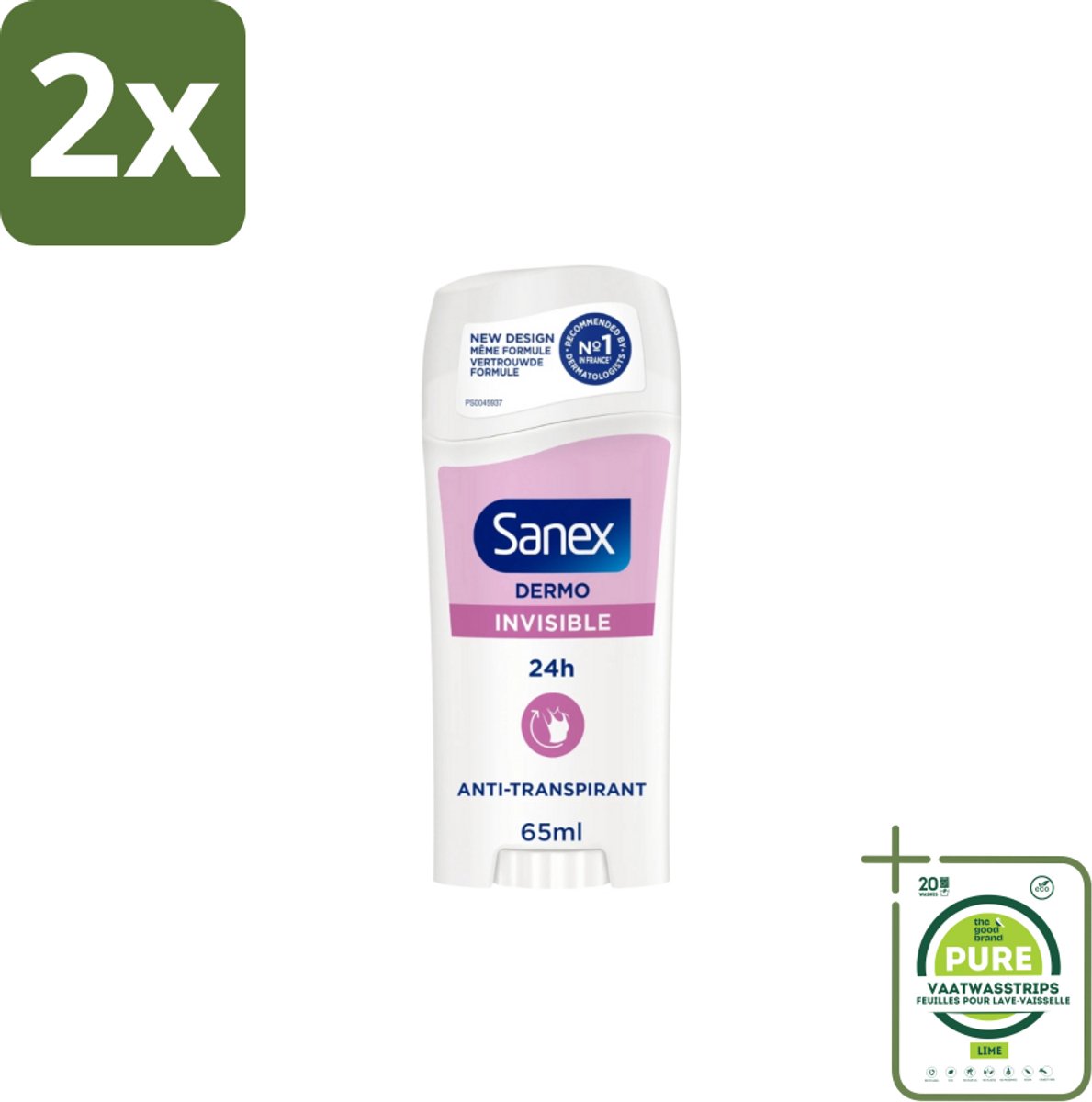 Sanex – Deodorant Stick – Dermo Invisible – 65 ml - Voordeelverpakking - 2 stuks - Onzezichtbare deodorantstick - Deodorantstick
