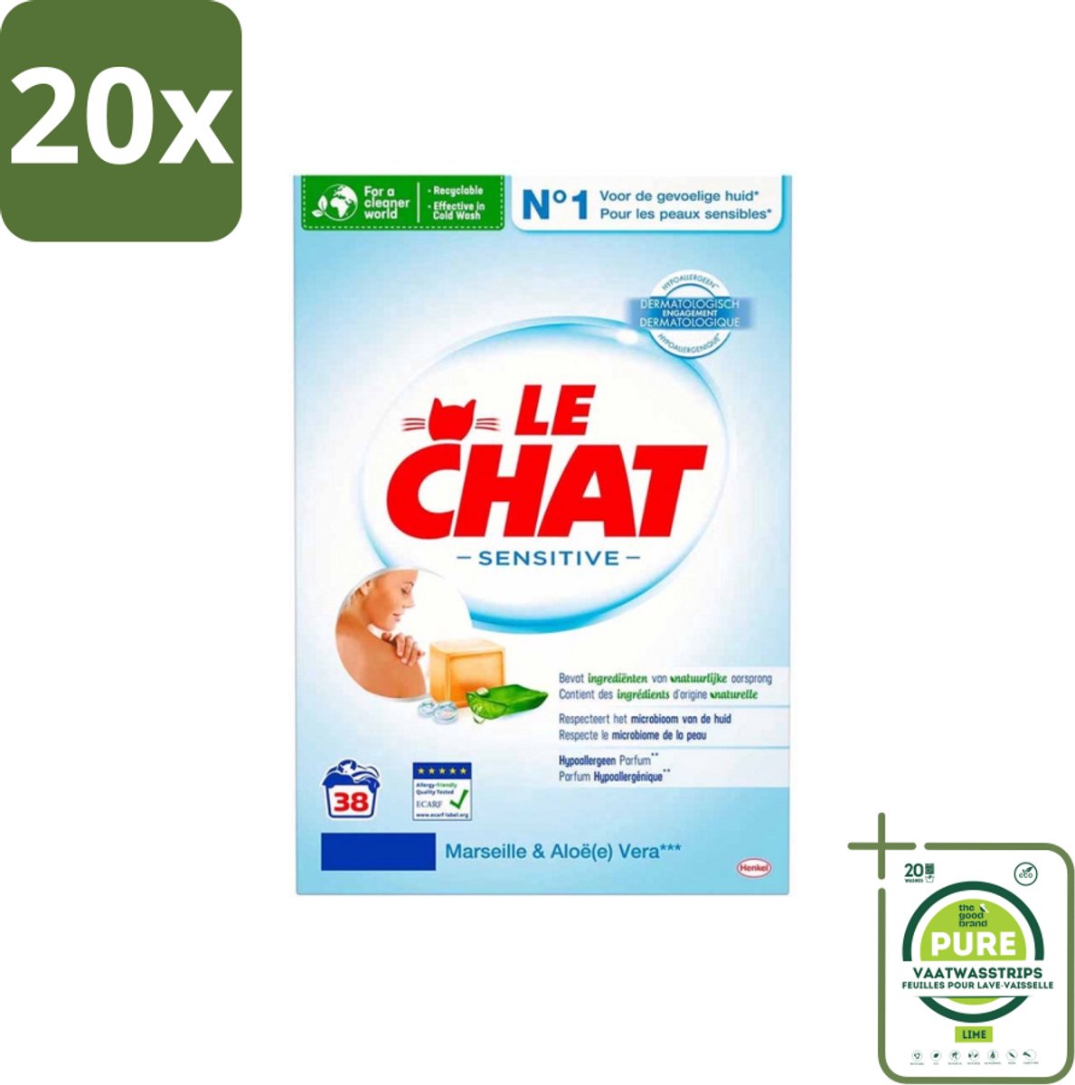 20 x Le Chat – Waspoeder – Sensitive Marseille & Aloe Vera – 38 wasbeurten – 2,28 kg - Grootverpakking - Waspoeder - Hypoallergisch - Huidvriendelijk - Marseillezeep - Aloë Vera