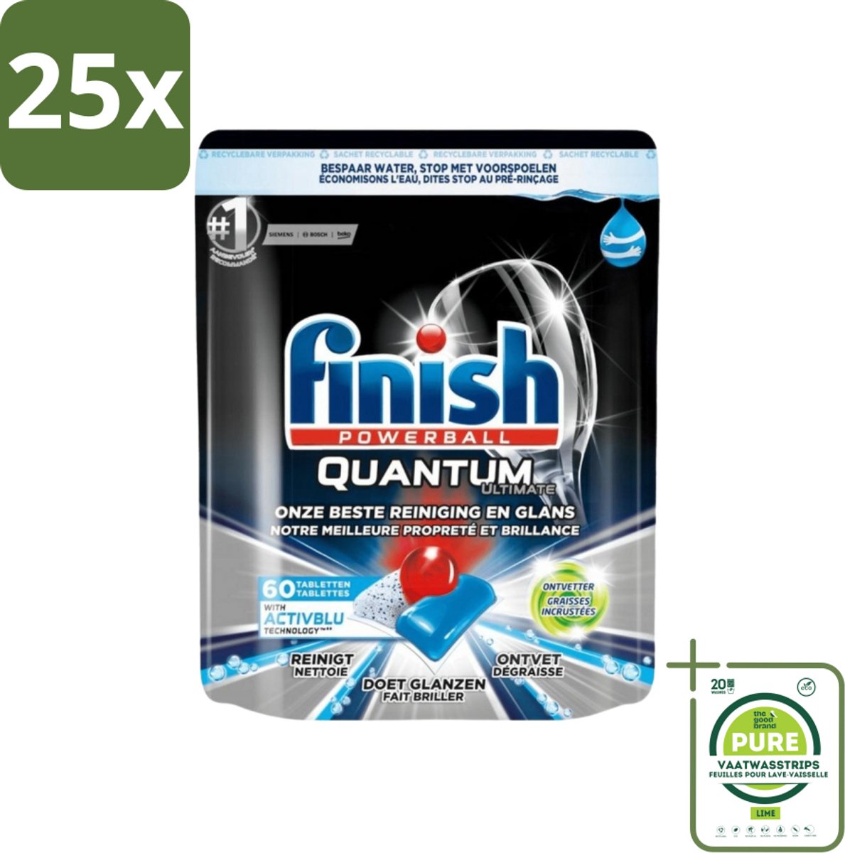 25 x Finish Powerball - Quantum Ultimate - Vaatwastabletten - Ontvetter - 60 Tabletten - Grootverpakking - Vaatwastabletten - Vaatwasser Tabletten - Ontvetter - Diepe Reiniging - Quantum Technologie