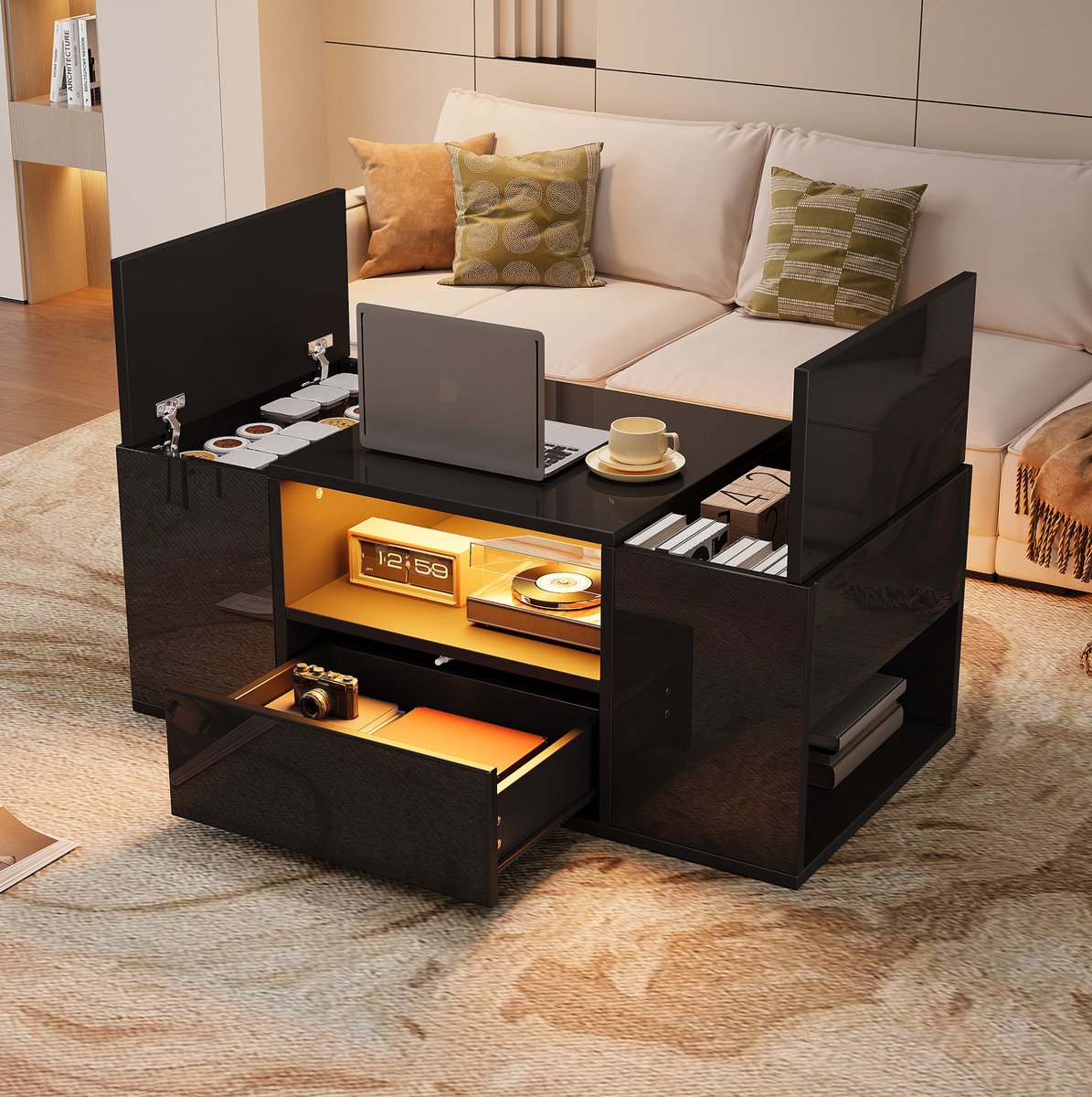 Wishdor Salontafel met lade en LED - Hoogglans zwart - Rechthoekig - 100 x 50 x 40 cm